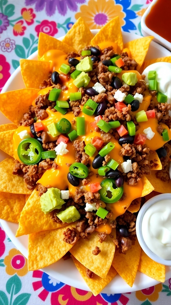 A plate of loaded nachos with cheese, jalapeños, ground beef, and guacamole, served with salsa and sour cream.